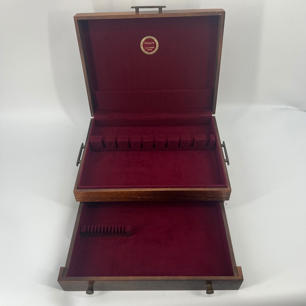 Naken Silverware Chest Wood Mid-Century Modern Brown MCM Storage Box Vintage 14"